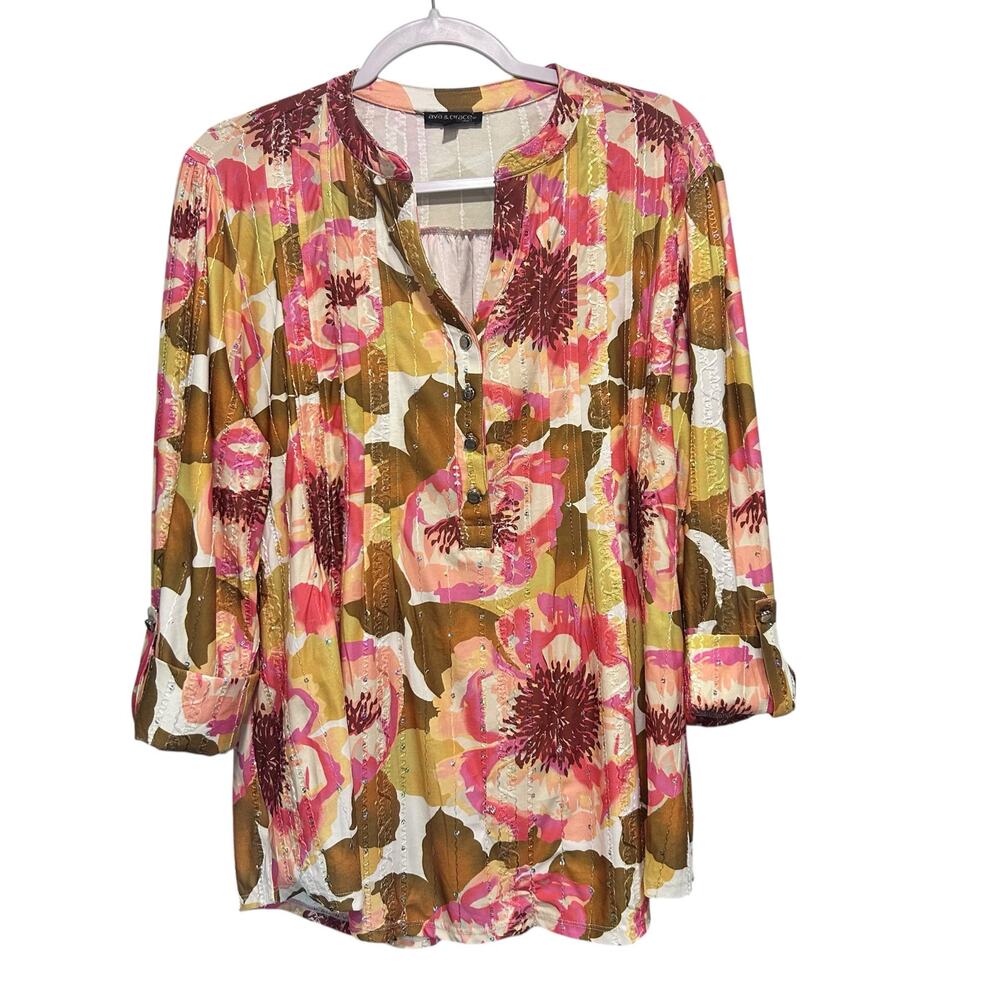 Ava & Grace Top Fairy Coquette Boho Floral 3/4 Sleeves Sequins Pin Tuck SZ 1X